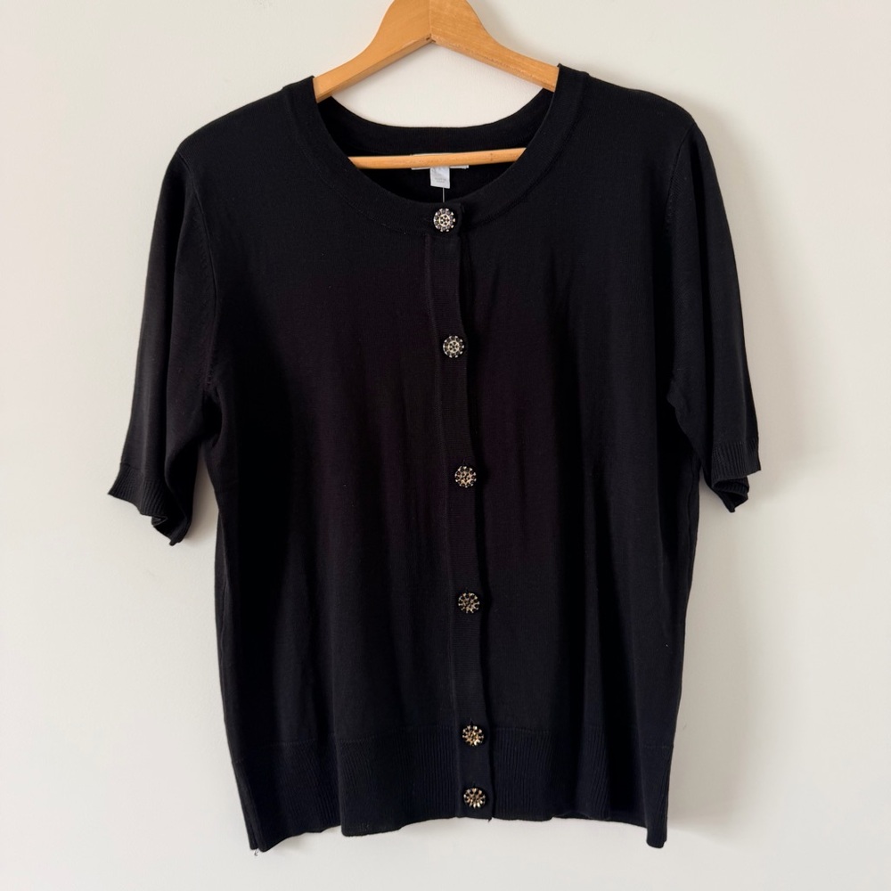 New York & Company Black Short-Sleeve Cardigan with Jeweled Buttons